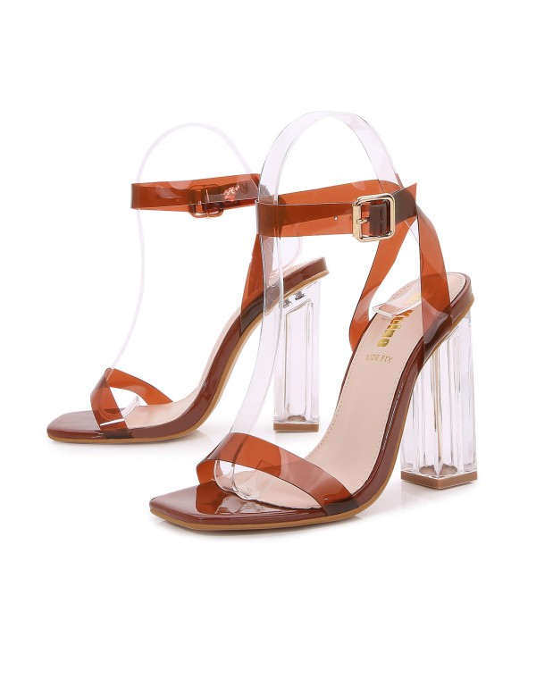 High heeled shoes fairy style candy 2021 new style square head with transparent crystal thick heel fashion sandals 