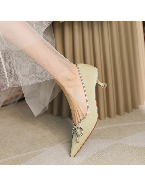 3186-1 sheepskin insole pig skin inner crack Rhinestone bow high heels women's pointed thin heel shoes autumn 