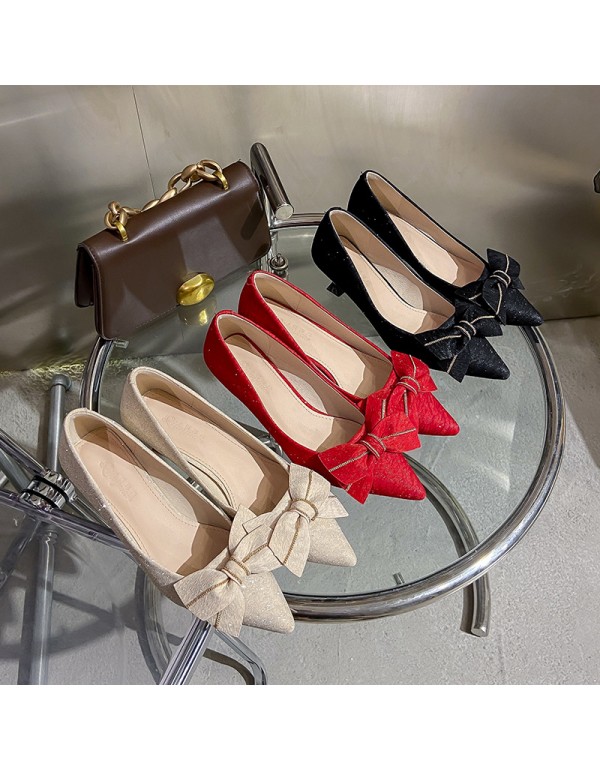 Fairy style bow high-heeled shoes female 2022 autumn new wine cup heel shoes female Korean version low heel shallow mouth single shoes