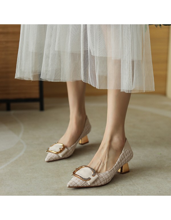 568-6 European and American fan xiaoxiangfeng high heels women's pointed thick heel tweed square buckle single shoes sheepskin temperament soft sole 