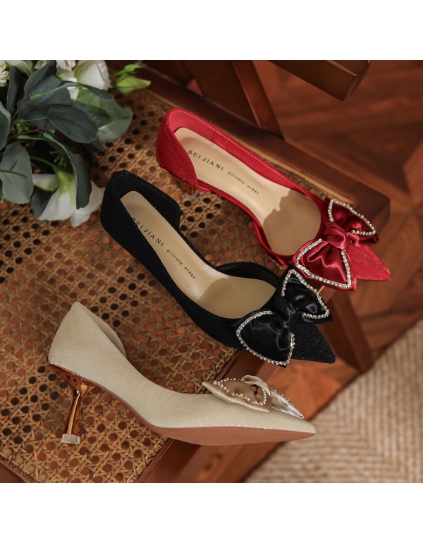 275-5 Rhinestone bow pointed high heels women's wedding shoes wedding show Wo shoes fairy temperament silk single shoes 