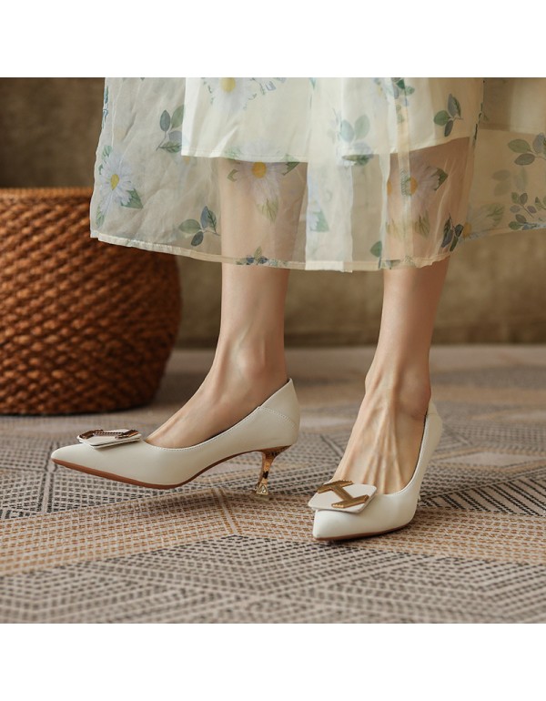 998-5 Korean style high heels women's pointed shallow mouth 2022 spring new square buckle single shoes soft sheepskin heel 