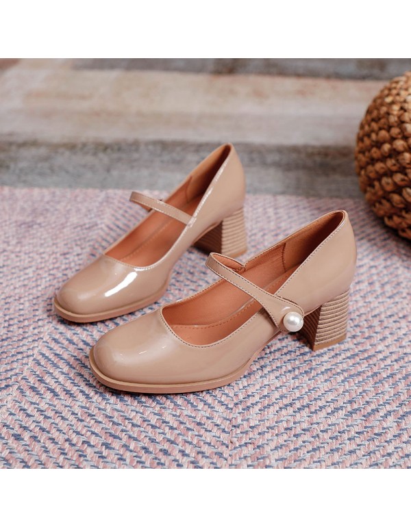 Retro square head pearl button Mary Jane shoes 2022 new flat belt thick heel high heels patent leather single shoes women's shoes