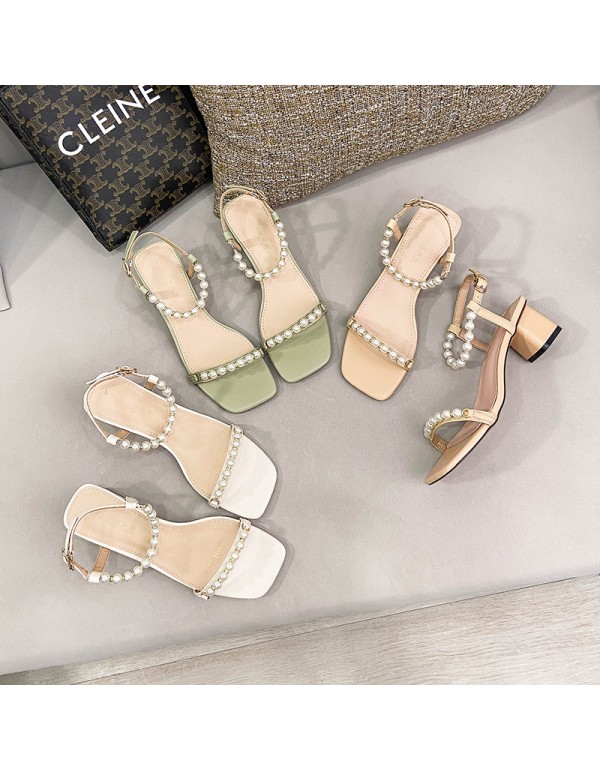 Korean pearl one line belt sandals 2022 summer new style square head open toe women's shoes net Red Fairy style thick heel sandals