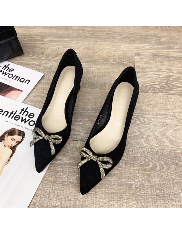 2022 spring and summer new thick heels high heels suede Rhinestone bow shallow mouth single shoes pointed casual HEELS WOMEN