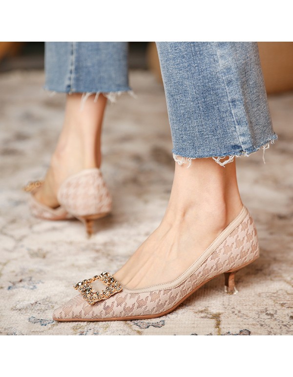 339-20 thousand bird check pattern mesh high heels women's pointed thin heel square buckle side empty single shoes wedding shoes Bridesmaid shoes 