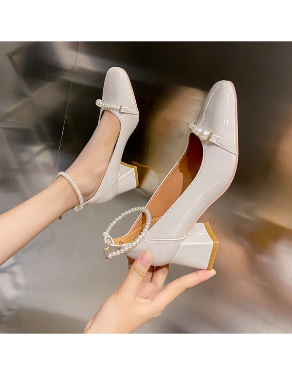 Pearl one line belt Mary Jane shoes women's 2022 new French thick heel Mary Jane shoes pearl belt high-heeled single shoes