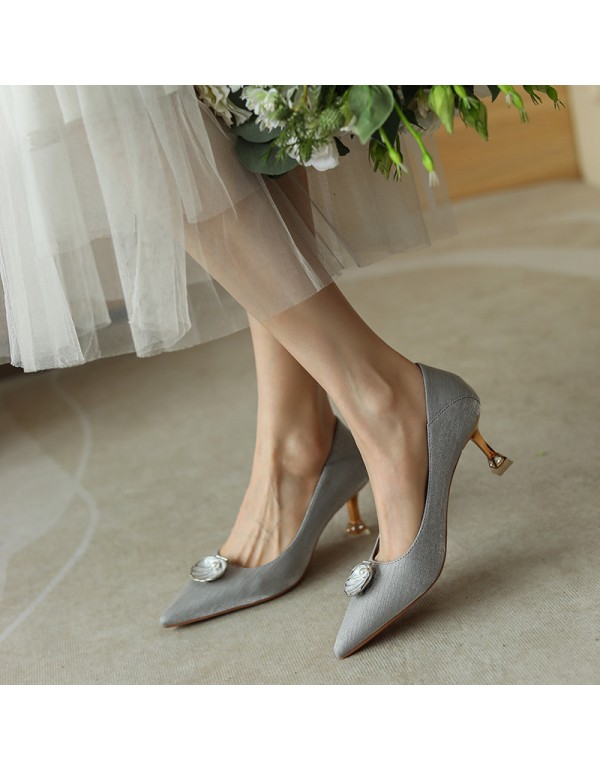 998-10 sheepskin pearl shell high heels women's pointed thin heels 2022 spring hard and versatile, two can step on heels 