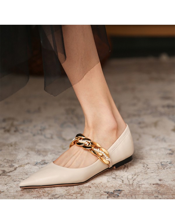 2021-88 retro pointed shallow mouth metal chain single shoe flat bottom comfortable grandma shoes Mary Jane shoes elastic belt 