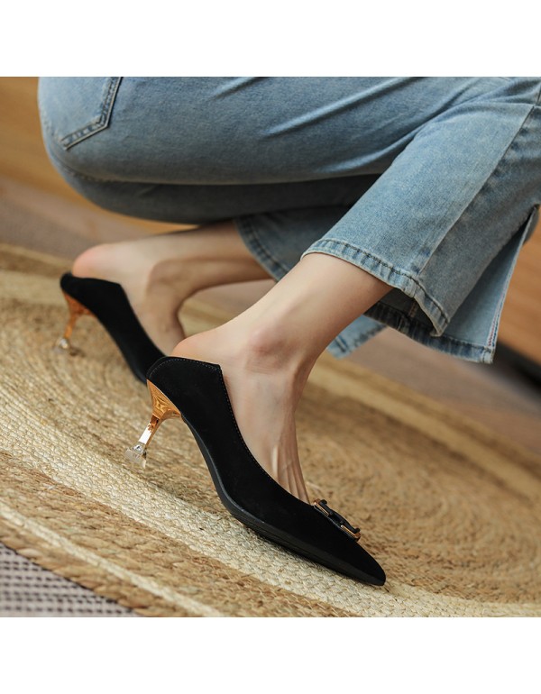 998-3 net red French girls' soft leather high heels thin heels pointed temperament buckle work single shoes two wear heel