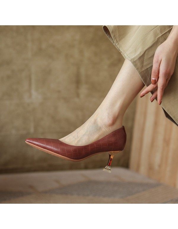 998-20 stone pattern fine heels high heels women's shallow mouth pointed temperament single shoes professional work shoes soft leather soft sole 