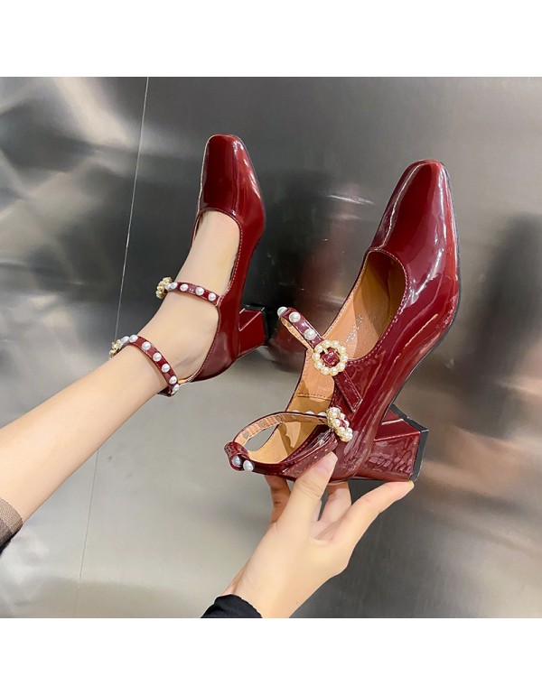 Vintage wine red pearl flower Mary Jane shoes new one line belt thick heel shoes women's pearl belt high heels 