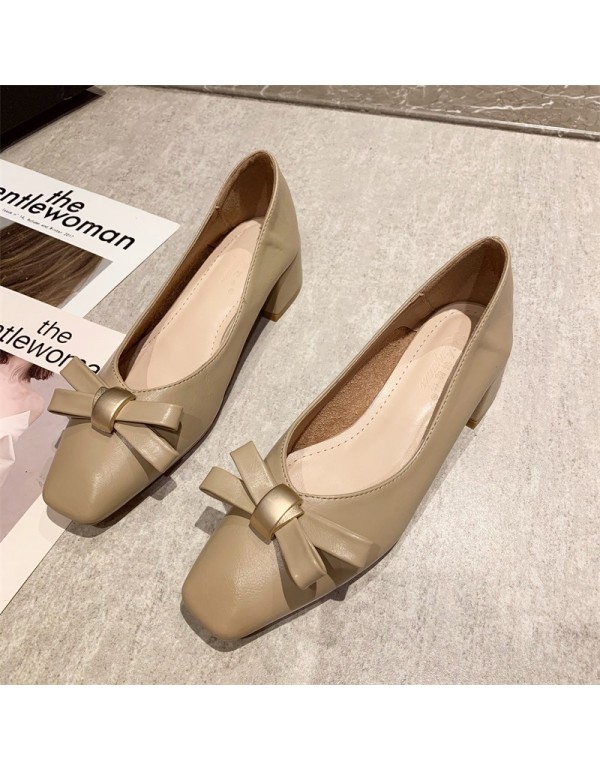 Korean bow high heels women's 2022 spring and summer new square head thick heel shoes simple low heel shoes women