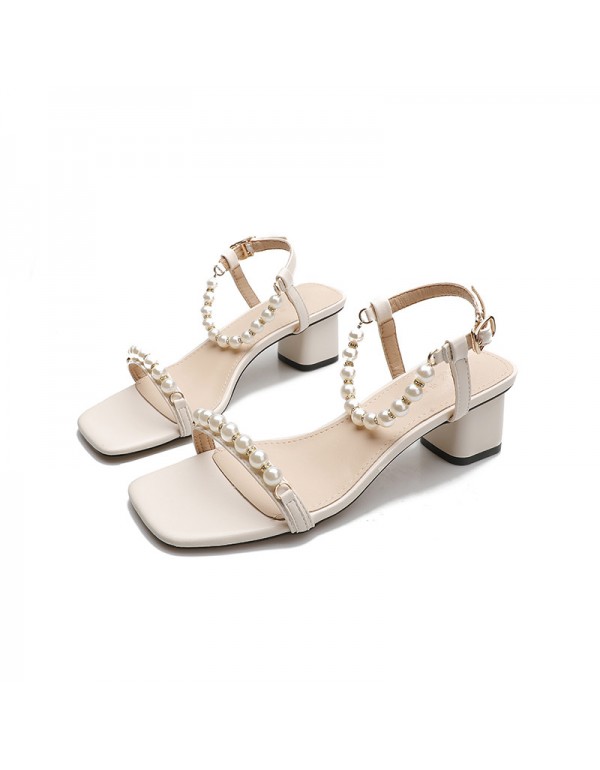 Korean pearl one line belt sandals 2022 summer new style square head open toe women's shoes net Red Fairy style thick heel sandals