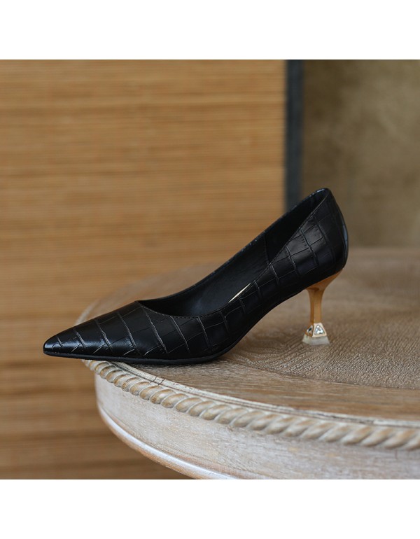 998-20 stone pattern fine heels high heels women's shallow mouth pointed temperament single shoes professional work shoes soft leather soft sole 