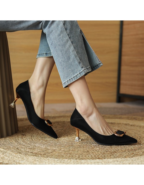 998-8 high heels women's thin heels 2022 spring new net red design sense of temperament square button pointed single shoe heel 