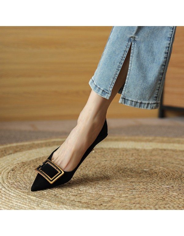 998-3 net red French girls' soft leather high heels thin heels pointed temperament buckle work single shoes two wear heel