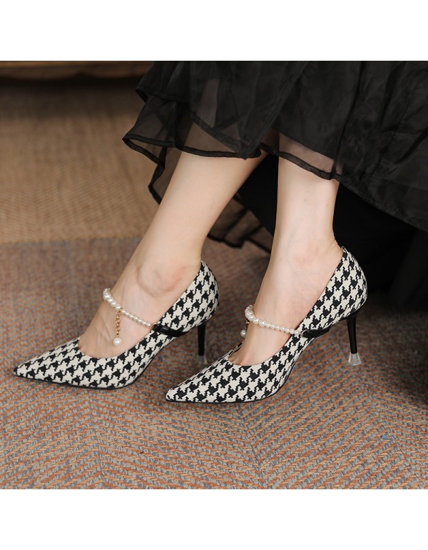 999-14 sheepskin French high heels women's pointed thin heels temperament thousand bird lattice color matching light mouth single shoes 8cm autumn 