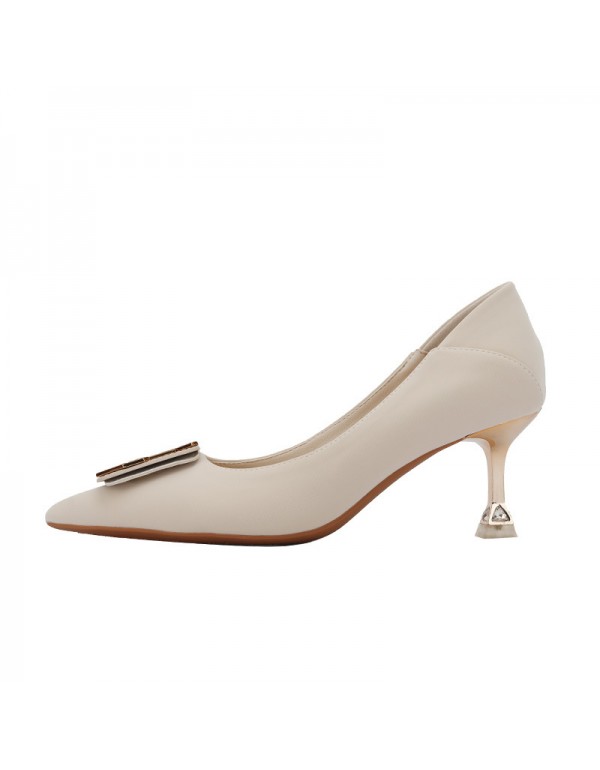 998-5 Korean style high heels women's pointed shallow mouth 2022 spring new square buckle single shoes soft sheepskin heel 