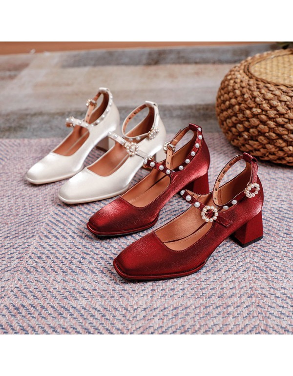 New flower pearl one line buckle high heels women's Retro square head thick heel shoes women's wine red high heels wedding shoes 