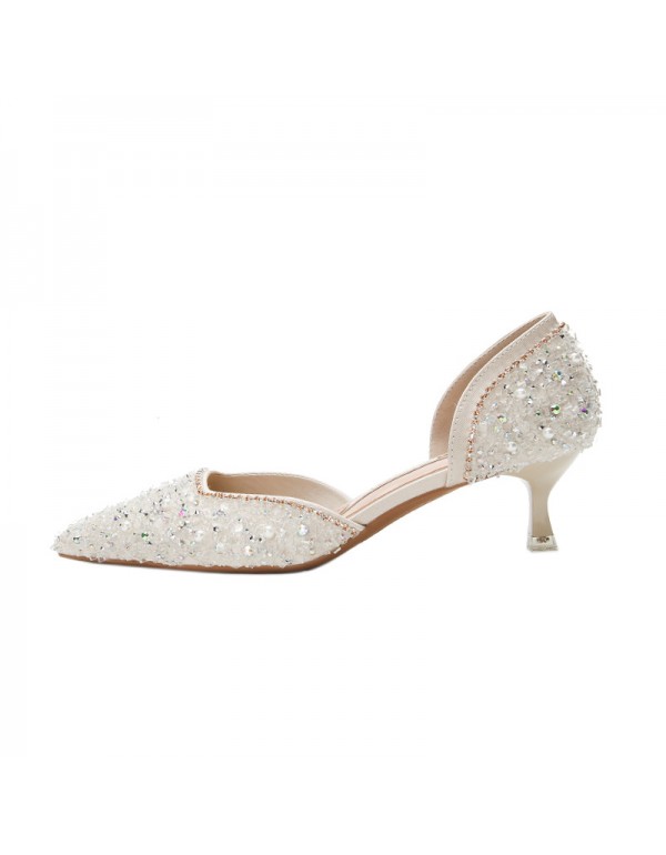 3128-62021 spring new crystal diamond high heels women's pointed short heel medium heel single shoes hollow shallow mouth 