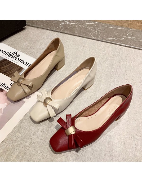 Korean bow high heels women's 2022 spring and summer new square head thick heel shoes simple low heel shoes women
