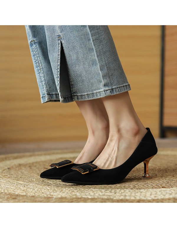 998-3 net red French girls' soft leather high heels thin heels pointed temperament buckle work single shoes two wear heel