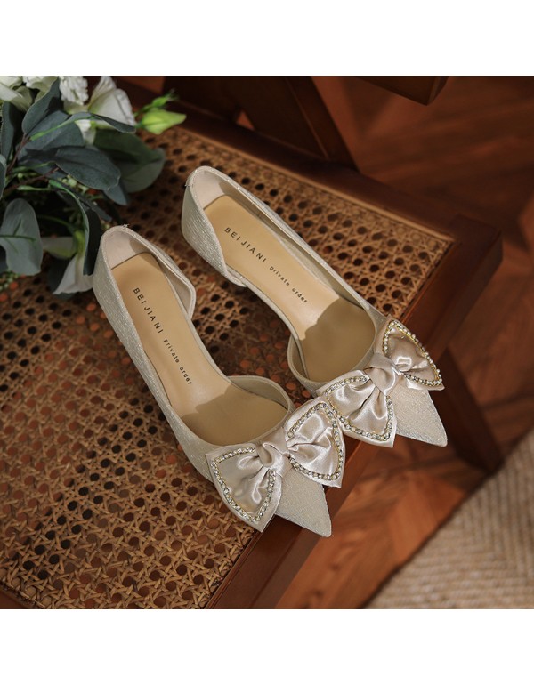 275-5 Rhinestone bow pointed high heels women's wedding shoes wedding show Wo shoes fairy temperament silk single shoes 