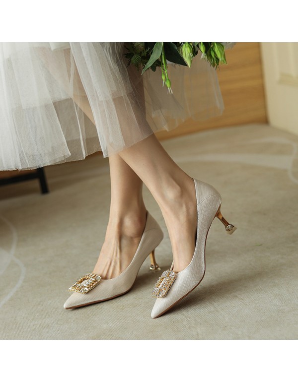 998-6 Rhinestone square buckle high heels women's pointed thin heels shallow mouth temperament single shoes sheepskin wedding shoes Bridesmaid shoes heel stepping 