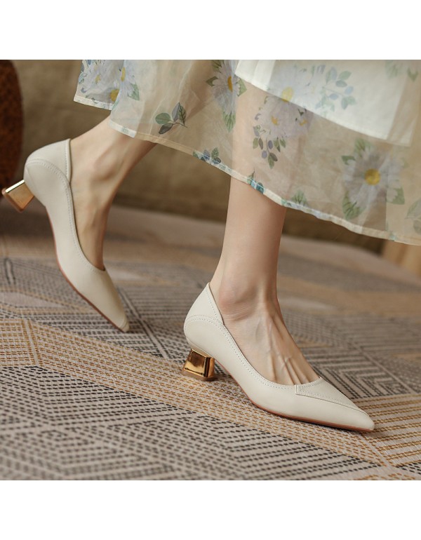 568-16 solid color sewing high heels women's thick heel pointed shallow mouth single shoe French commuter professional work shoes heel stepping 