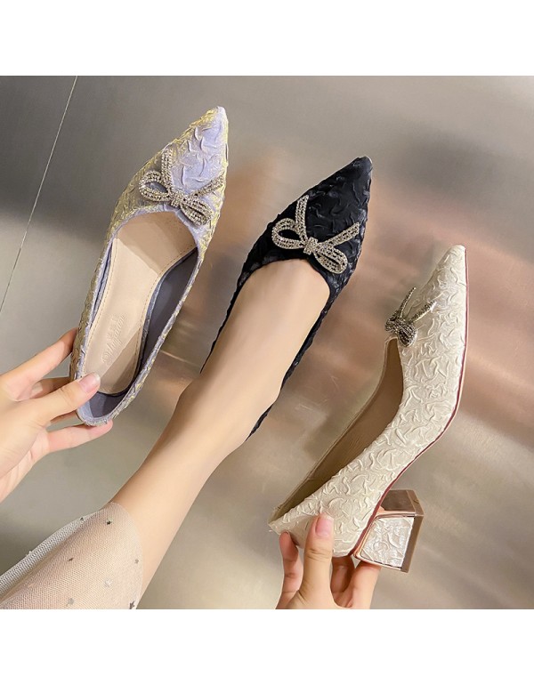 Temperament Rhinestone bow silk satin single shoes women's 2022 new pointed middle heel single shoes Korean professional high heels