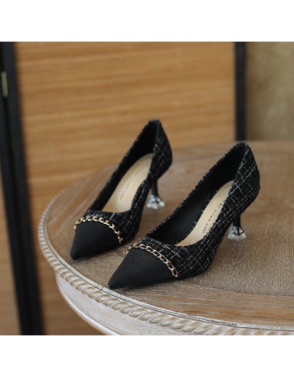 998-2 xiaoxiangfeng sheepskin gold chain pointed shallow mouth high-heeled shoes tweed thin heel temperament single shoes 2022 spring 