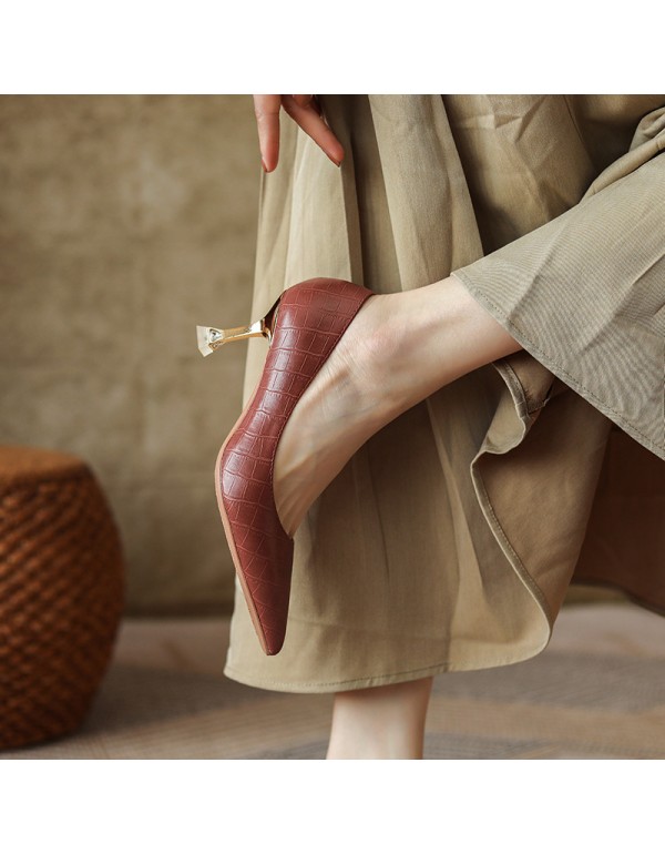 998-20 stone pattern fine heels high heels women's shallow mouth pointed temperament single shoes professional work shoes soft leather soft sole 