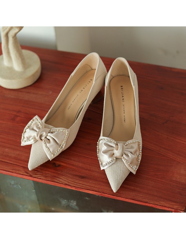 568-15 Rhinestone bow high heels women's pointed thick heel single shoes wedding shoes Bridesmaid shoes Xiuhe shoes sheepskin heel 