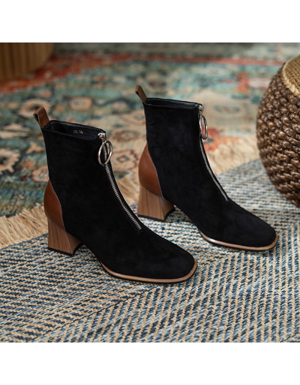 2021 early autumn new square suede high-heeled boots children's Korean version front zipper middle tube thick heel boots thin boots 