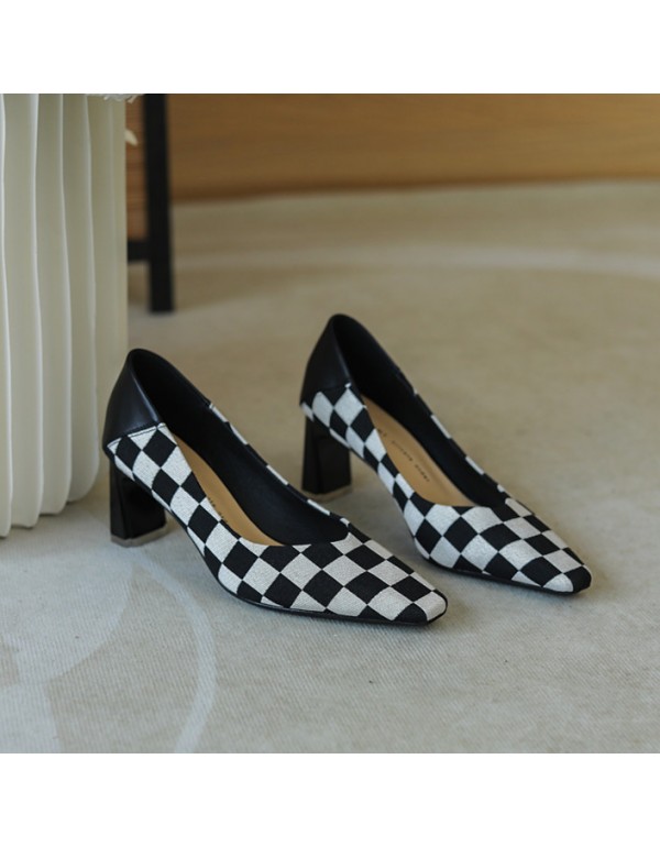 288-2 lattice color matching retro sheepskin high heels women's small square head thick heel shoes niche design high sense 