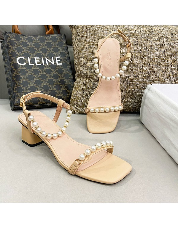 Korean pearl one line belt sandals 2022 summer new style square head open toe women's shoes net Red Fairy style thick heel sandals