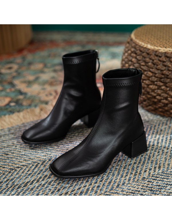 Korean version net red square head thick heel boots children's new autumn and winter 2021 back zipper high-heeled women's boots simple middle tube women's Boots