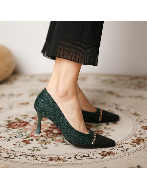 166-15 small fragrance square toe high heels women's thin heel shallow mouth single shoes new spring and autumn in 2020 