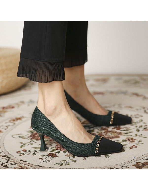 166-15 small fragrance square toe high heels women's thin heel shallow mouth single shoes new spring and autumn in 2020 