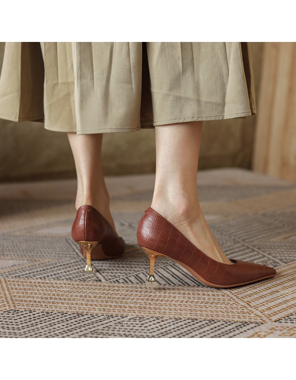 998-20 stone pattern fine heels high heels women's shallow mouth pointed temperament single shoes professional work shoes soft leather soft sole 