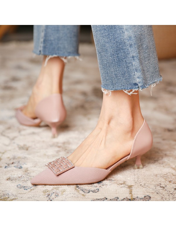 778-3 Korean chic square button high heels women's pointed thin heel single shoes hollow out new in spring 2021 