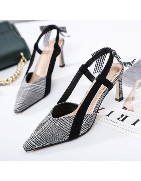 2022 summer new style small pointed lattice fashion high-heeled sandals bow women's sandals versatile almond shoes women's sandals