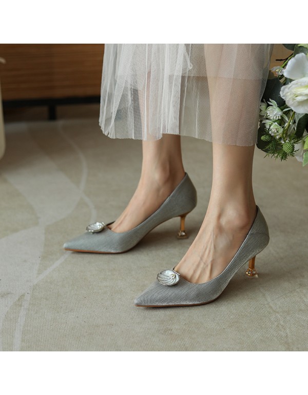 998-10 sheepskin pearl shell high heels women's pointed thin heels 2022 spring hard and versatile, two can step on heels 