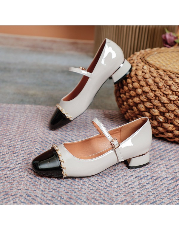 2021 new metal chain square head small leather shoes women's flat belt buckle thick heel single shoes Retro High Heels Mary Jane shoes 