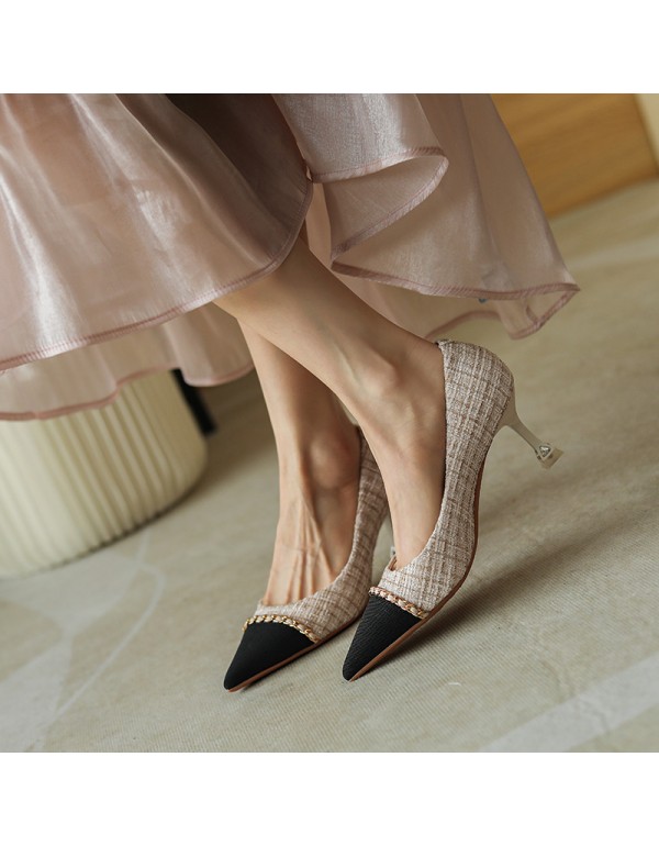 998-2 xiaoxiangfeng sheepskin gold chain pointed shallow mouth high-heeled shoes tweed thin heel temperament single shoes 2022 spring 