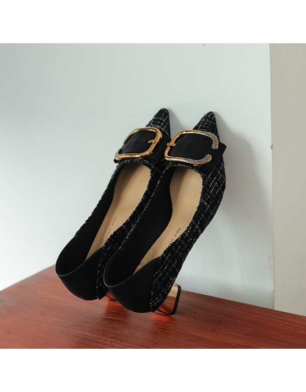 568-6 European and American fan xiaoxiangfeng high heels women's pointed thick heel tweed square buckle single shoes sheepskin temperament soft sole 