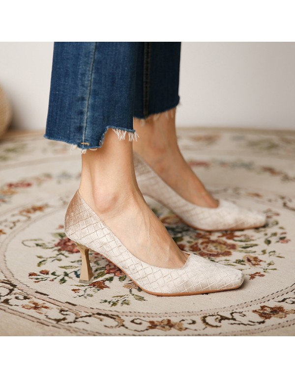 166-11 Plaid cashmere solid color small square head high heels women's thin heels new single shoes in autumn and winter 2020 