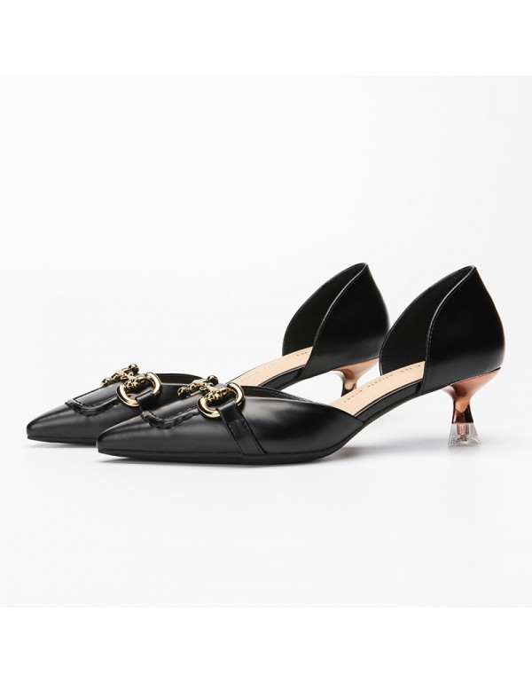 778-53 niche French Roman button hollow high heels women's thin heel middle heel professional single shoe ol temperament 5cm 
