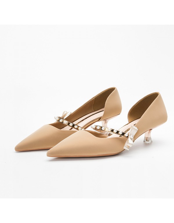 339-15 pearl herringbone belt high heels women's 2021 new spring French pointed single shoes elegant bow 